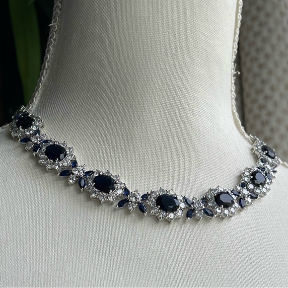 925 Fas | Gorgeous Royal and Deep Blue Stones Clear CZ Choker Necklace - Picture 1 of 15